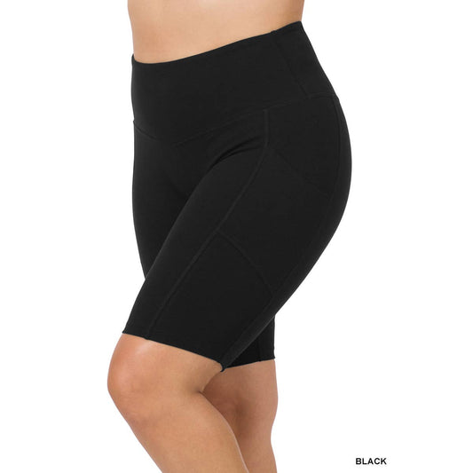 COTTON WIDE WAISTBAND BIKER SHORTS WITH POCKETS - Black