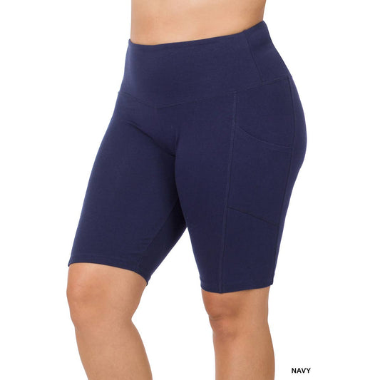 COTTON WIDE WAISTBAND BIKER SHORTS WITH POCKETS - Navy