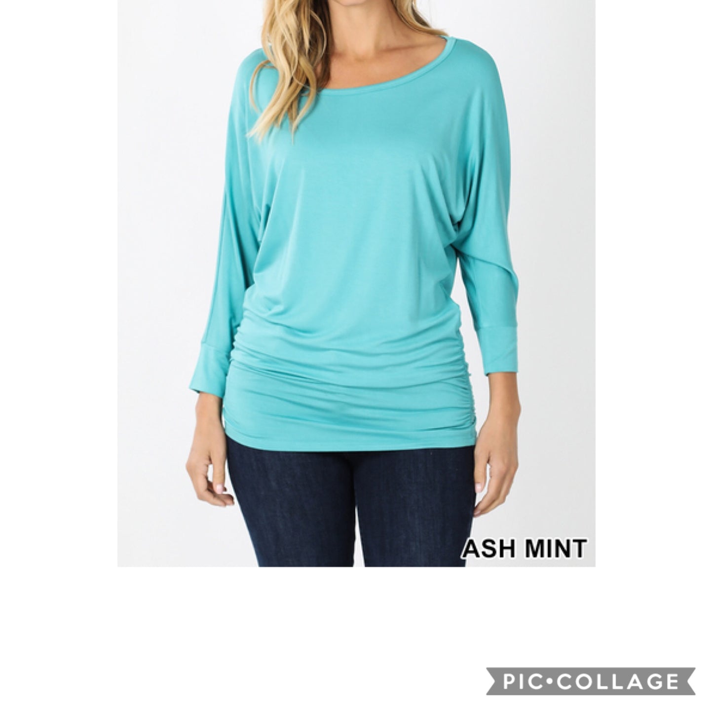 PLUS LUXE RAYON BOAT NECK DOLMAN 3/4 SLEEVE WITH SIDE RUCHED TOP