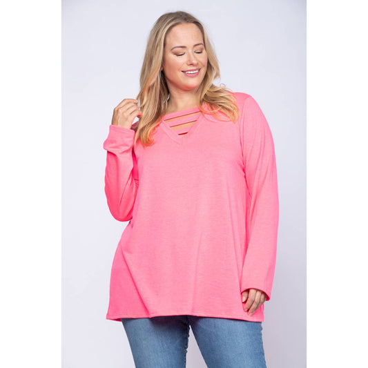 NEON HOT PINK CUT-OUT V-NECK PLUS SIZE TUNIC TOP