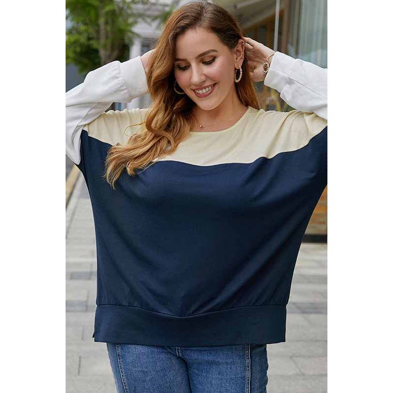 Color Block Long Sleeve Plus Size Top