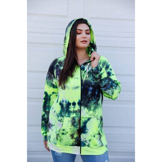 Neon Yellow Black Tie-Dye Zip-Up Hooded Sweatshirt