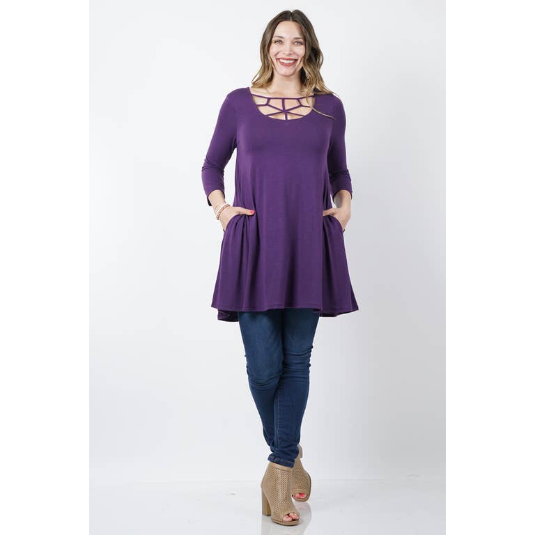 DKPURPLE PLUS 3/4 SLEEVE WEB FRONT DETAILED TOP