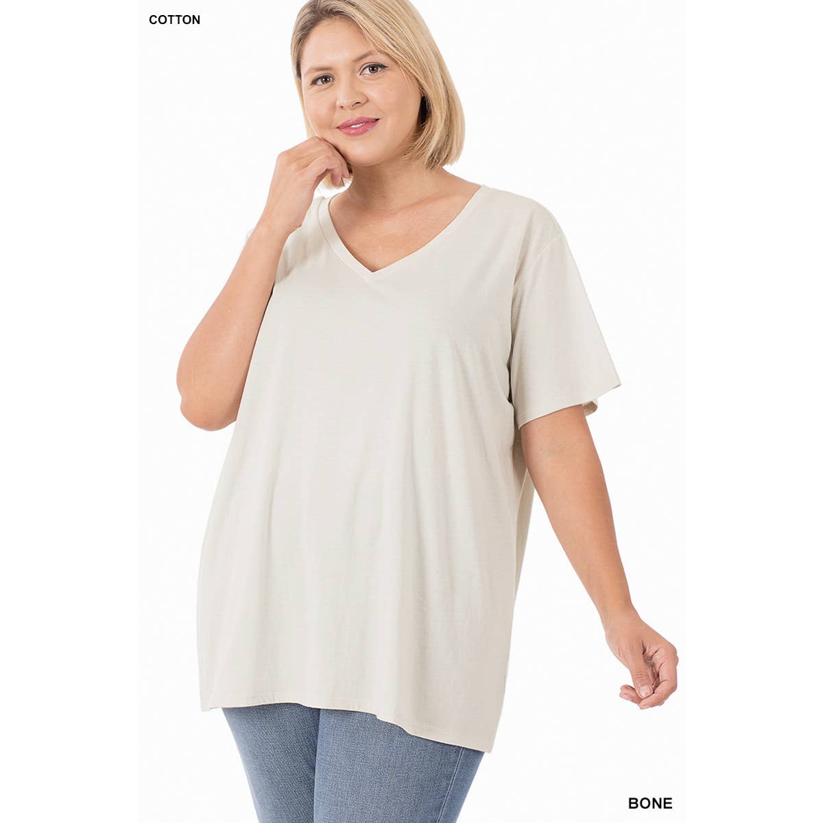 BONE COTTON SHORT SLEEVE BOYFRIEND V-NECK TOP