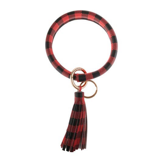 Plaid Key Ring Bracelet with Tassel