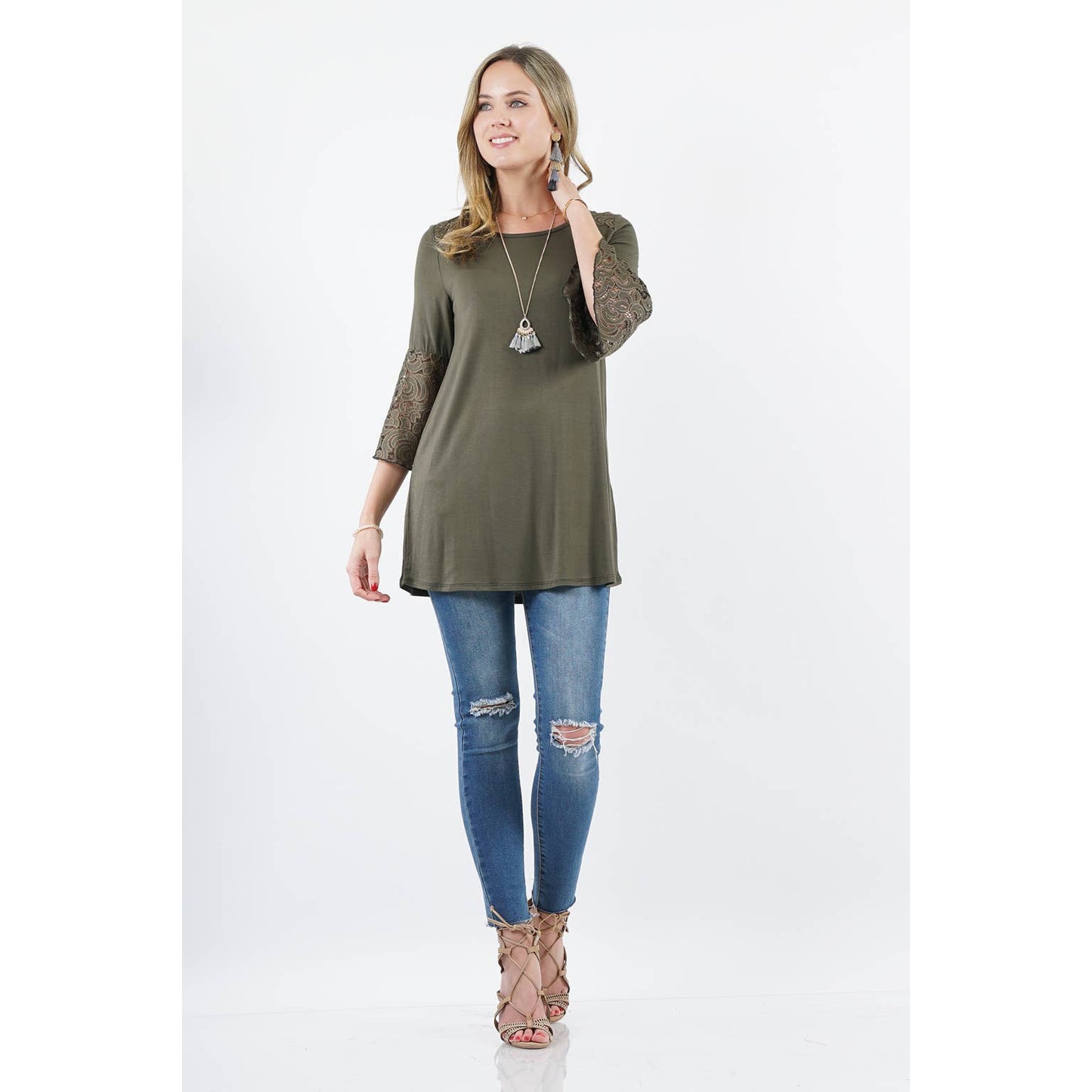 Lace contrast tunic - Olive