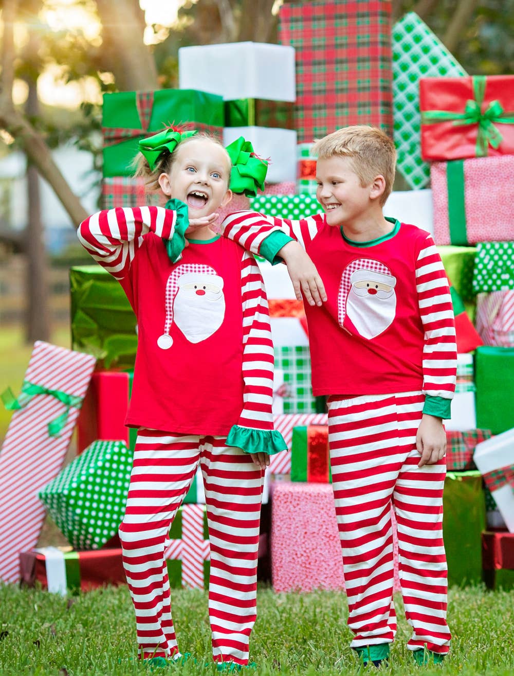 Santa Red & White Stripe & Green Pajamas - Boys