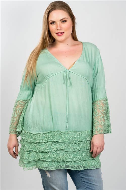 Plus Size Boho Lace Hem V Neck Tunic Top