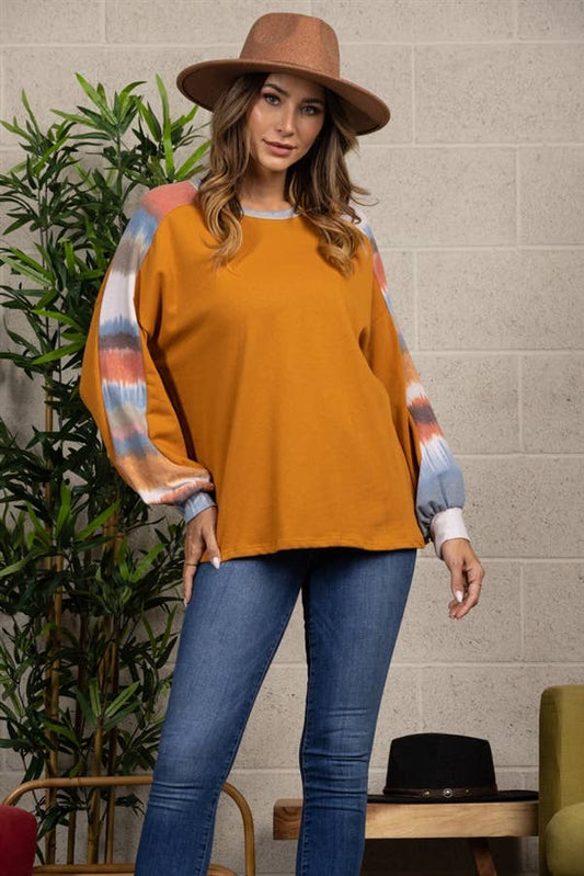 Burnt Orange Tie Dye Pattern Knit Rib Top