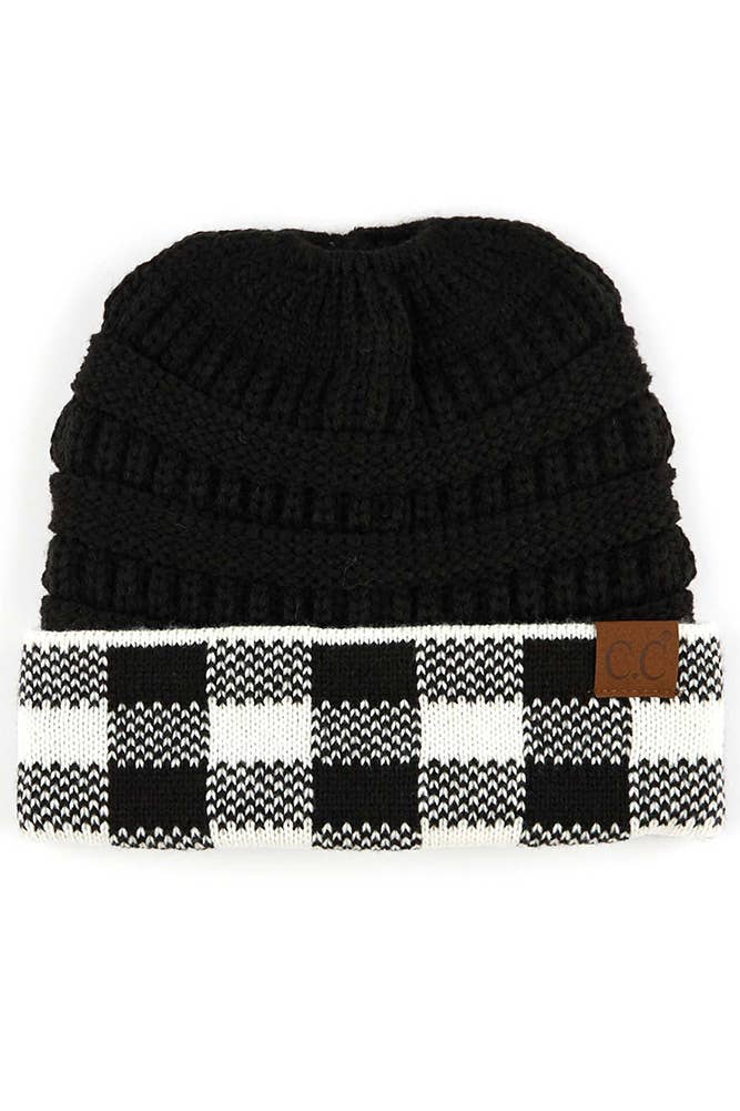 C.C Buffalo Check Messy Bun Ponytail Beanie