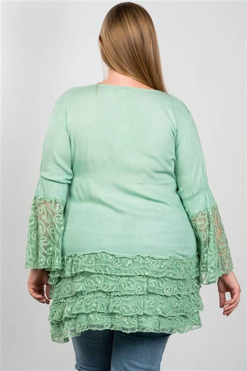 Plus Size Boho Lace Hem V Neck Tunic Top