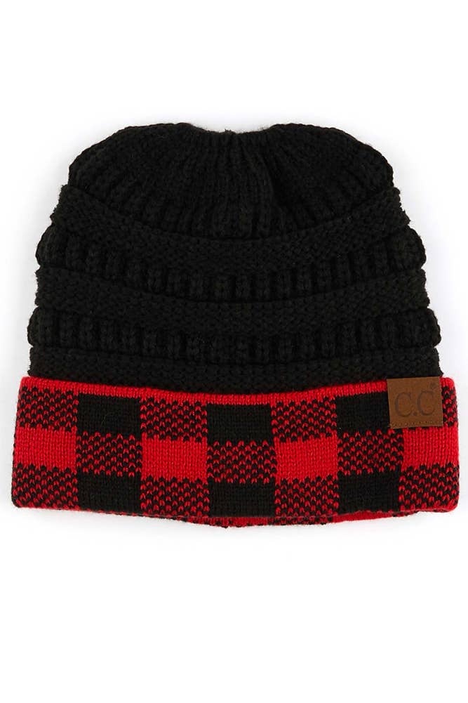 C.C Buffalo Check Messy Bun Ponytail Beanie