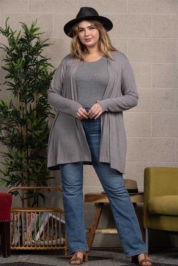 Grey Ribbed Long Sleeve Plus Size Cardigan