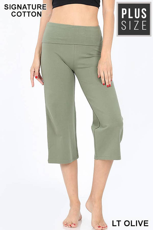 Plus Signature Cotton Fold-over Yoga Capri Pants