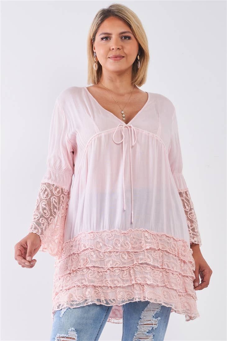 Plus Size Boho Lace Hem V Neck Tunic Top