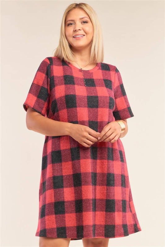 Plus Size Size Red Plaid Checkered Short Sleeve Mini Dress