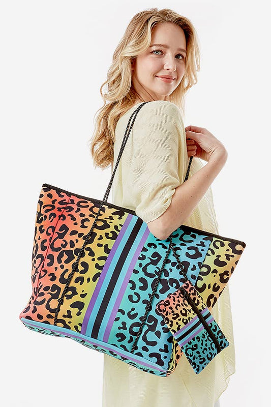 Rainbow Leopard Tote Bag and Mini Pouch Bag