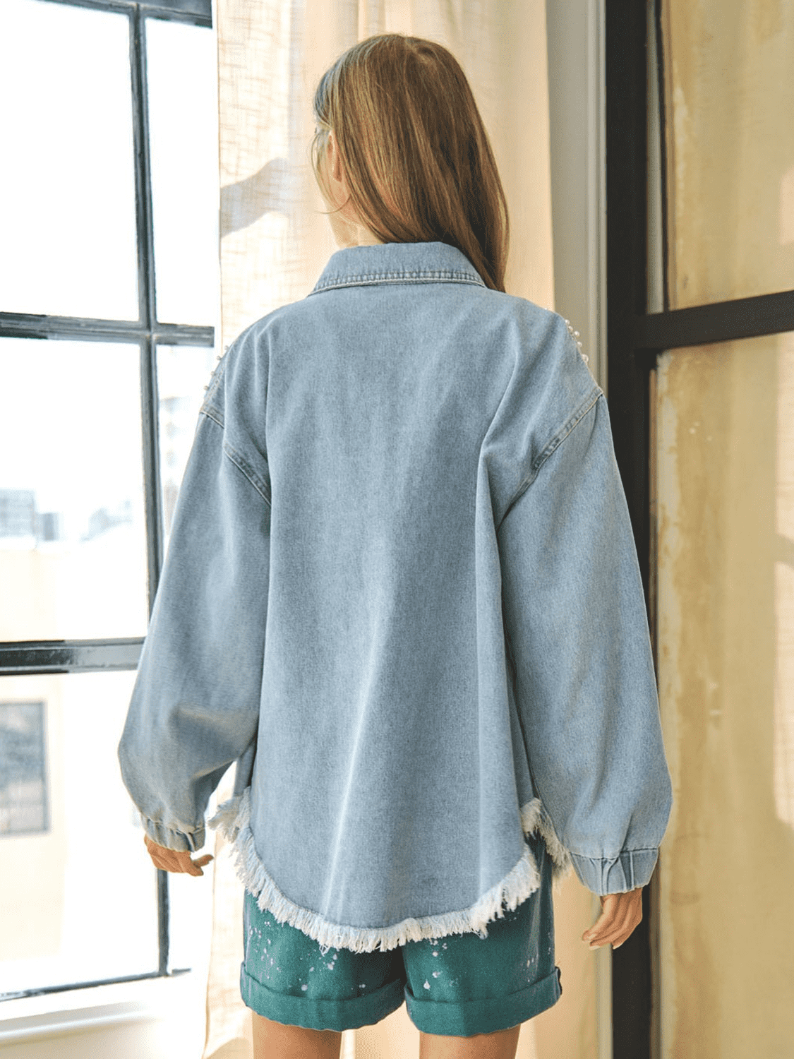 Collared Neck Raw Hem Dropped Shoulder Denim Jacket